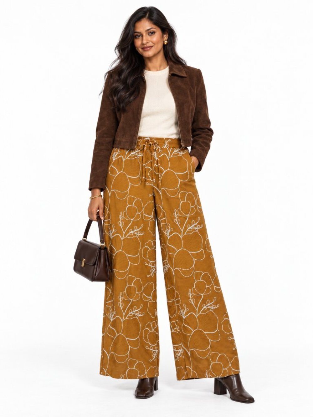 Express Embroidered Floral Wide Leg Pants Golden Orange Size M Boho